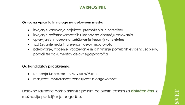 Razpis za prosto delovno mesto VARNOSTNIK
